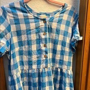 Blue and White Checkered Linen Dress with Wooden Buttons